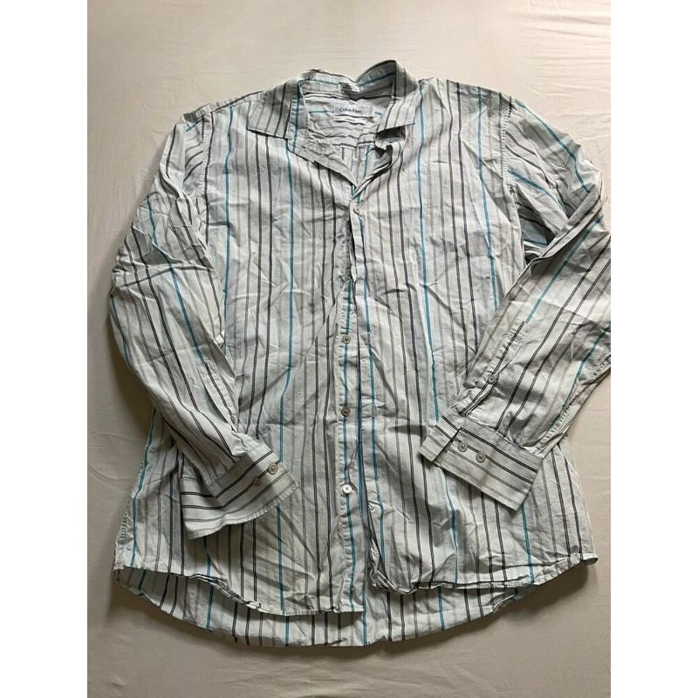 Calvin Klein Modern Fit Striped Long Sleeve Button Up Shirt Blue White L